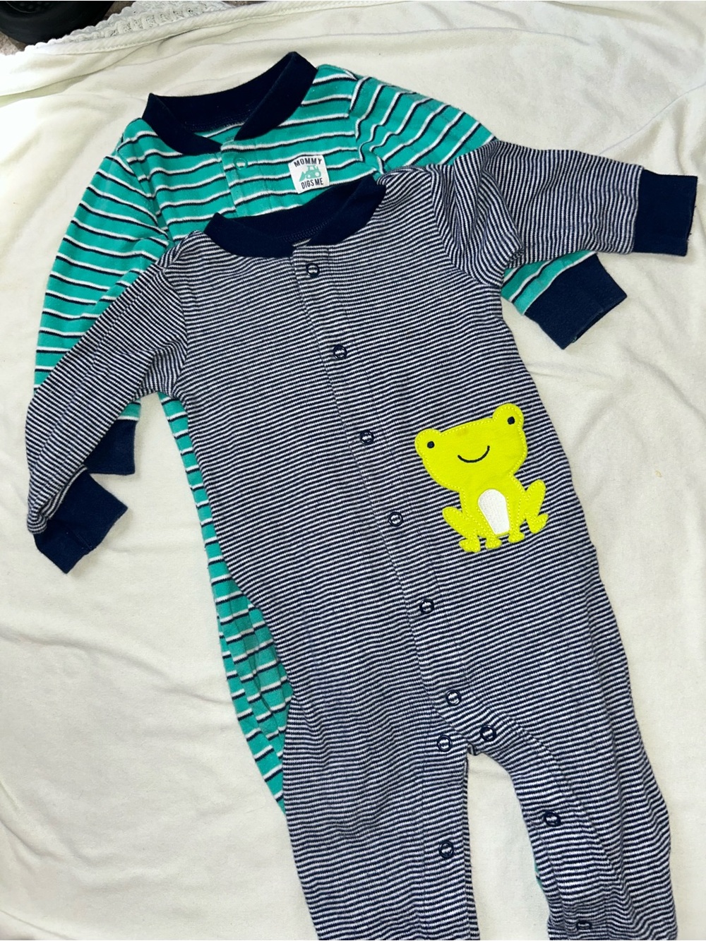 Unbranded Kids Navy & Teal Striped One-Piece Sleepers with Frog Appliqué
